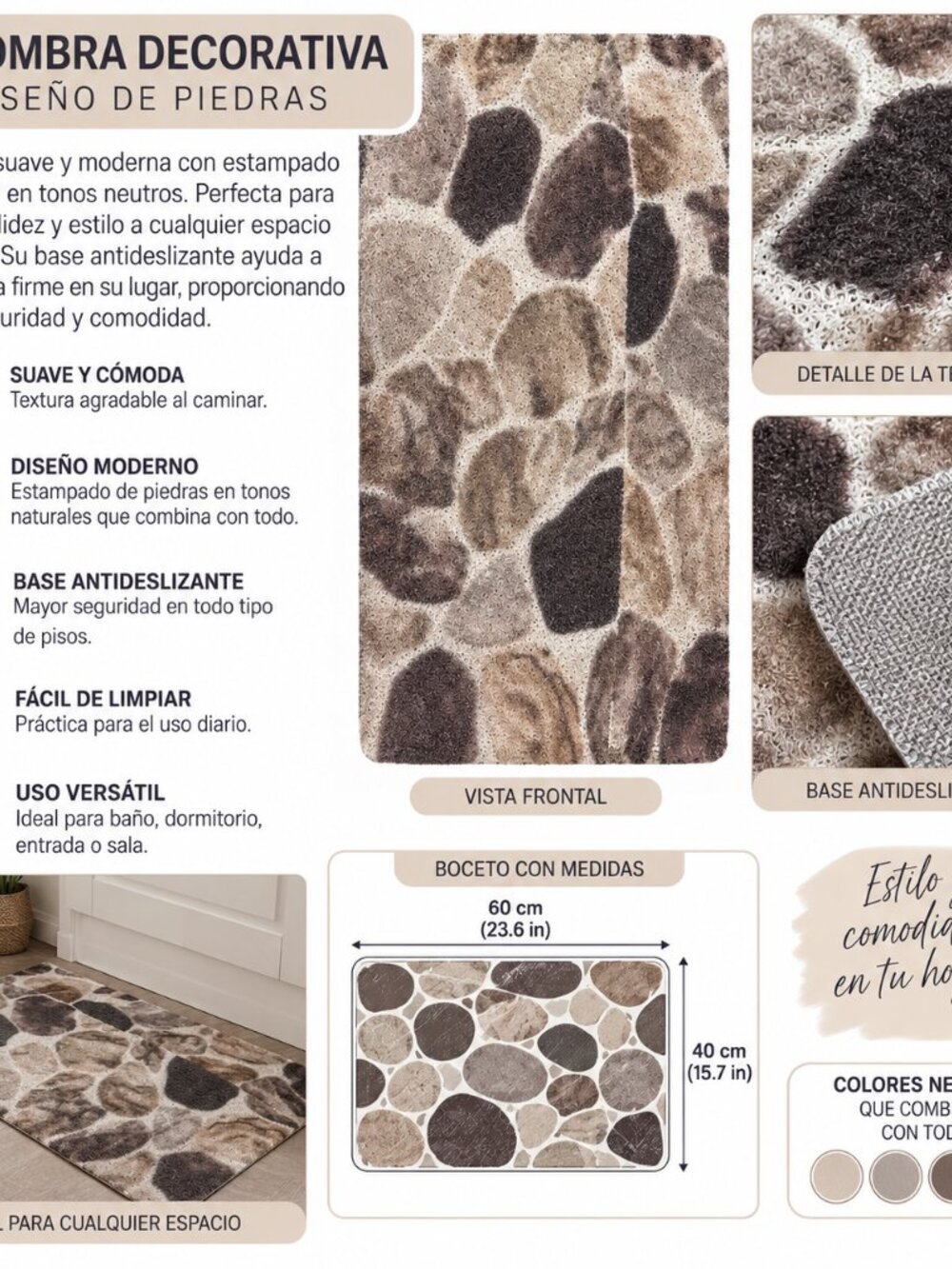 Alfombra decorativa con diseño de piedras , en tonos beige, gris, marrón y negro - Picture 5 of 5